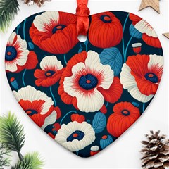 Red Poppies Flowers Art Nature Pattern Ornament (heart)