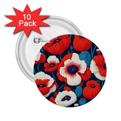 Red Poppies Flowers Art Nature Pattern 2 25  Buttons (10 Pack) 