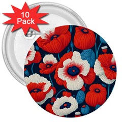 Red Poppies Flowers Art Nature Pattern 3  Buttons (10 Pack) 