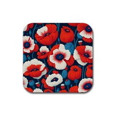 Red Poppies Flowers Art Nature Pattern Rubber Coaster (square) by Maspions