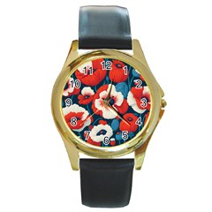 Red Poppies Flowers Art Nature Pattern Round Gold Metal Watch