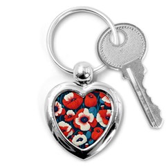 Red Poppies Flowers Art Nature Pattern Key Chain (heart)