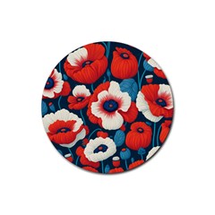 Red Poppies Flowers Art Nature Pattern Rubber Coaster (round) by Maspions