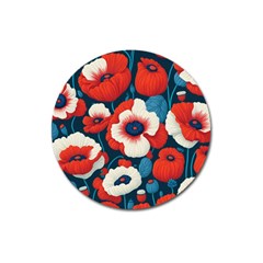 Red Poppies Flowers Art Nature Pattern Magnet 3  (round)