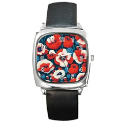 Red Poppies Flowers Art Nature Pattern Square Metal Watch