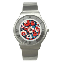 Red Poppies Flowers Art Nature Pattern Stainless Steel Watch