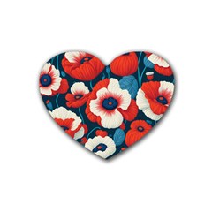 Red Poppies Flowers Art Nature Pattern Rubber Coaster (heart)