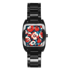 Red Poppies Flowers Art Nature Pattern Stainless Steel Barrel Watch by Maspions