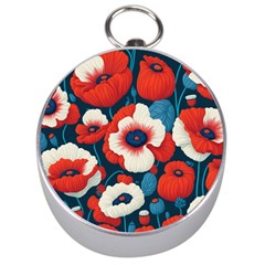 Red Poppies Flowers Art Nature Pattern Silver Compasses by Maspions