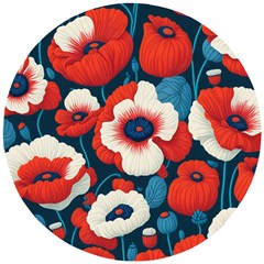 Red Poppies Flowers Art Nature Pattern Wooden Puzzle Round by Maspions