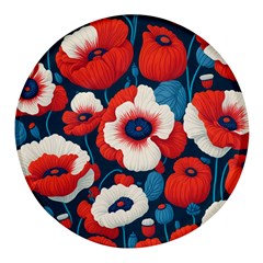 Red Poppies Flowers Art Nature Pattern Round Glass Fridge Magnet (4 Pack) by Maspions