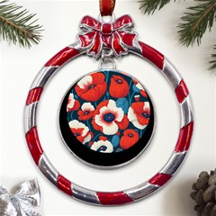 Red Poppies Flowers Art Nature Pattern Metal Red Ribbon Round Ornament by Maspions