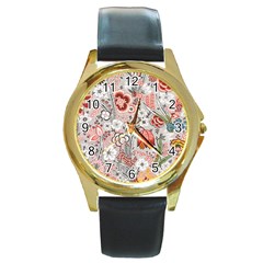 Vintage Floral Flower Art Nature Blooming Blossom Botanical Botany Pattern Round Gold Metal Watch