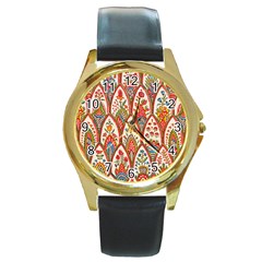 Vintage Pattern Fabric Floral Flowers European Nature Round Gold Metal Watch