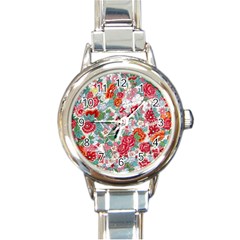 Flower Bloom Blossom Botanical Color Colorful Colour Element Digital Floral Floral Pattern Round Italian Charm Watch by Maspions