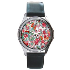 Flower Bloom Blossom Botanical Color Colorful Colour Element Digital Floral Floral Pattern Round Metal Watch by Maspions