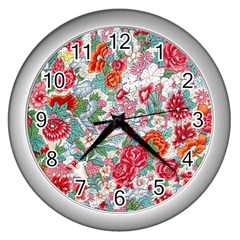 Flower Bloom Blossom Botanical Color Colorful Colour Element Digital Floral Floral Pattern Wall Clock (silver)