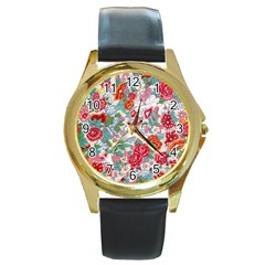 Flower Bloom Blossom Botanical Color Colorful Colour Element Digital Floral Floral Pattern Round Gold Metal Watch by Maspions