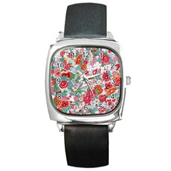 Flower Bloom Blossom Botanical Color Colorful Colour Element Digital Floral Floral Pattern Square Metal Watch by Maspions