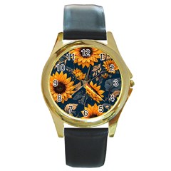 Flowers Pattern Spring Bloom Blossom Rose Nature Flora Floral Plant Round Gold Metal Watch by Maspions