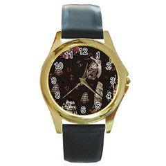 Vintage Tattoos Nautical Round Gold Metal Watch