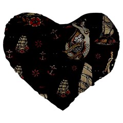 Vintage Tattoos Nautical Large 19  Premium Heart Shape Cushions by Apen