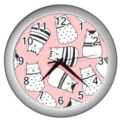 Cute Cats Cartoon Seamless-pattern Wall Clock (silver) by Apen