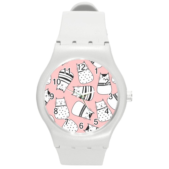 Cute Cats Cartoon Seamless-pattern Round Plastic Sport Watch (M)