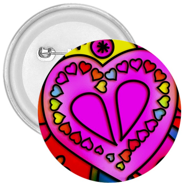 Stained Glass Love Heart 3  Buttons