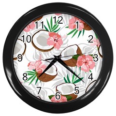 Seamless Pattern Coconut Piece Palm Leaves With Pink Hibiscus Wall Clock (black) by Apen