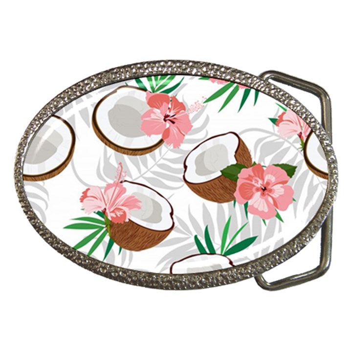 Seamless Pattern Coconut Piece Palm Leaves With Pink Hibiscus Belt Buckles