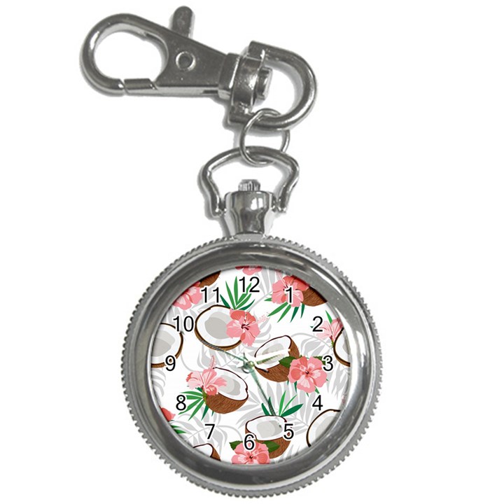 Seamless Pattern Coconut Piece Palm Leaves With Pink Hibiscus Key Chain Watches