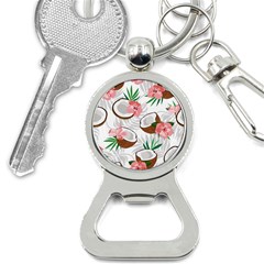 Seamless Pattern Coconut Piece Palm Leaves With Pink Hibiscus Bottle Opener Key Chain by Apen