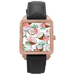 Seamless Pattern Coconut Piece Palm Leaves With Pink Hibiscus Rose Gold Leather Watch  by Apen