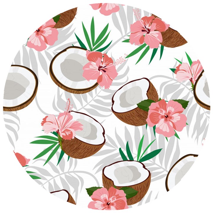 Seamless Pattern Coconut Piece Palm Leaves With Pink Hibiscus Wooden Puzzle Round