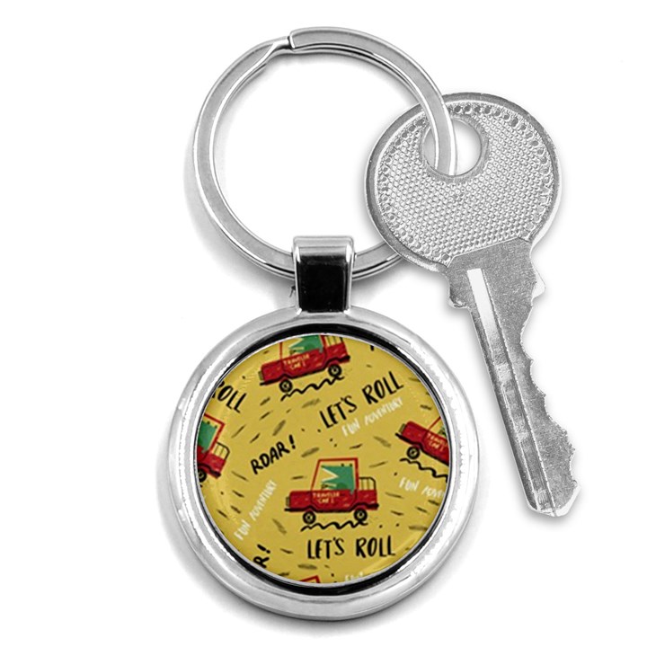 Childish Seamless Pattern With Dino Driver Key Chain (Round)