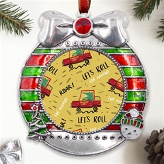 Childish Seamless Pattern With Dino Driver Metal X mas Ribbon With Red Crystal Round Ornament by Apen