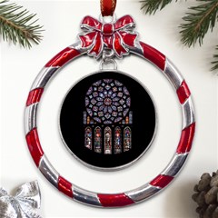 Chartres Cathedral Notre Dame De Paris Stained Glass Metal Red Ribbon Round Ornament