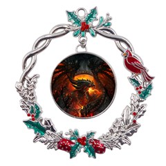 Dragon Fire Fantasy Art Metal X mas Wreath Holly Leaf Ornament