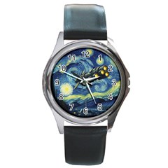 Spaceship Starry Night Van Gogh Painting Round Metal Watch