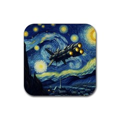 Spaceship Starry Night Van Gogh Painting Rubber Coaster (square)