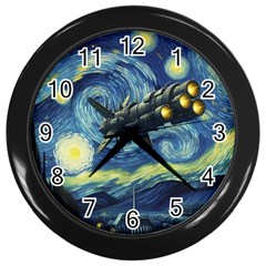 Spaceship Starry Night Van Gogh Painting Wall Clock (black)