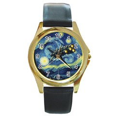 Spaceship Starry Night Van Gogh Painting Round Gold Metal Watch by Maspions