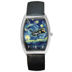 Spaceship Starry Night Van Gogh Painting Barrel Style Metal Watch