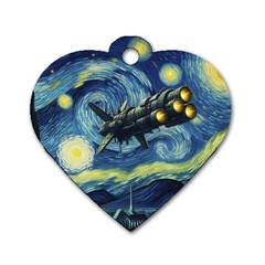 Spaceship Starry Night Van Gogh Painting Dog Tag Heart (two Sides)