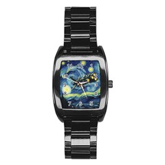 Spaceship Starry Night Van Gogh Painting Stainless Steel Barrel Watch