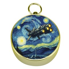 Spaceship Starry Night Van Gogh Painting Gold Compasses