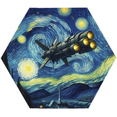 Spaceship Starry Night Van Gogh Painting Wooden Puzzle Hexagon