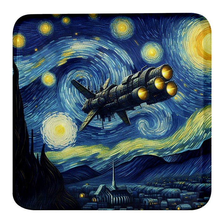 Spaceship Starry Night Van Gogh Painting Square Glass Fridge Magnet (4 pack)