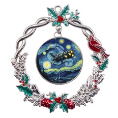 Spaceship Starry Night Van Gogh Painting Metal X mas Wreath Holly Leaf Ornament